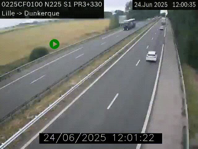 <h2>Webcam autoroute A25 (N225) à hauteur de Bergues (Bierne). Vue orientée vers Dunkerque.</h2>