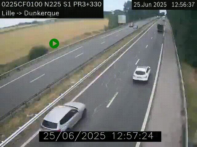 <h2>Webcam autoroute A25 (N225) à hauteur de Bergues (Bierne). Vue orientée vers Dunkerque.</h2>