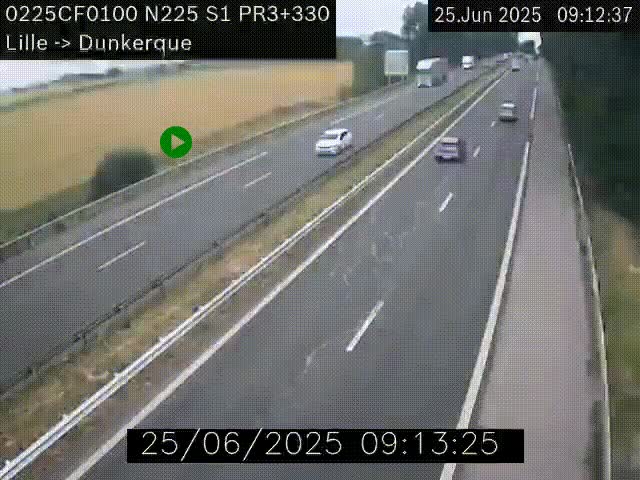 <h2>Webcam autoroute A25 (N225) à hauteur de Bergues (Bierne). Vue orientée vers Dunkerque.</h2>