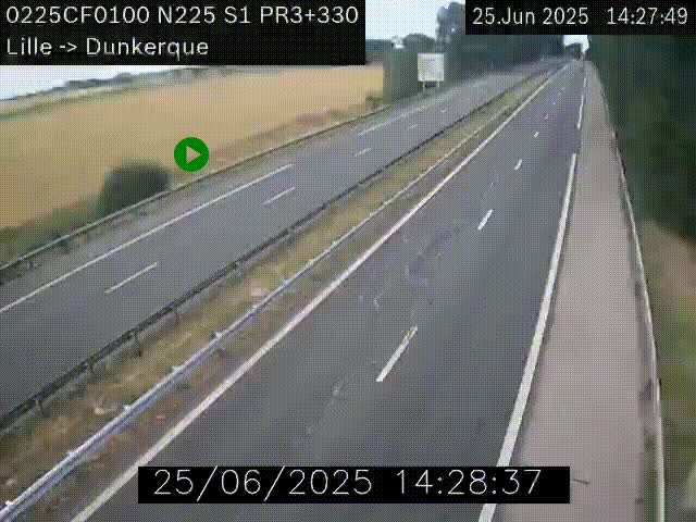 <h2>Webcam autoroute A25 (N225) à hauteur de Bergues (Bierne). Vue orientée vers Dunkerque.</h2>