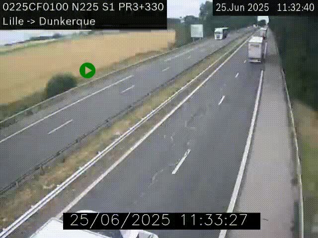 <h2>Webcam autoroute A25 (N225) à hauteur de Bergues (Bierne). Vue orientée vers Dunkerque.</h2>