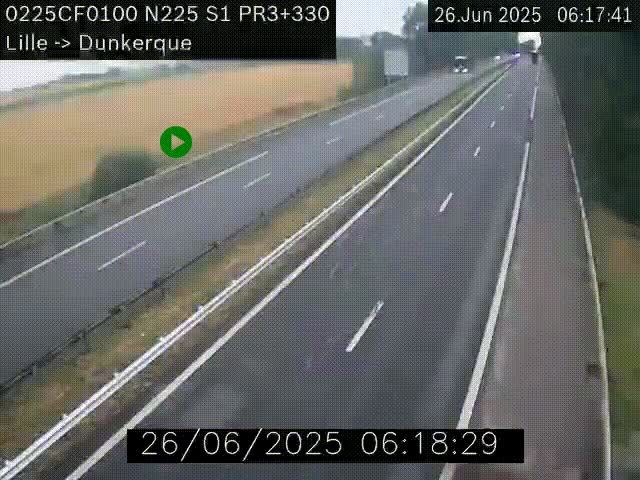 <h2>Webcam autoroute A25 (N225) à hauteur de Bergues (Bierne). Vue orientée vers Dunkerque.</h2>