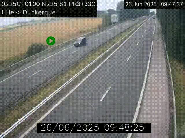 <h2>Webcam autoroute A25 (N225) à hauteur de Bergues (Bierne). Vue orientée vers Dunkerque.</h2>