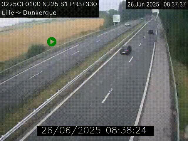 <h2>Webcam autoroute A25 (N225) à hauteur de Bergues (Bierne). Vue orientée vers Dunkerque.</h2>