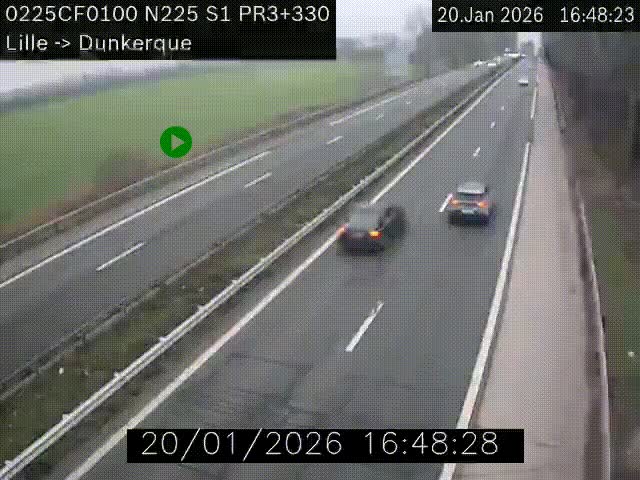 <h2>Webcam autoroute A25 (N225) à hauteur de Bergues (Bierne). Vue orientée vers Dunkerque.</h2>