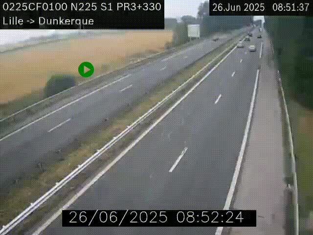 <h2>Webcam autoroute A25 (N225) à hauteur de Bergues (Bierne). Vue orientée vers Dunkerque.</h2>