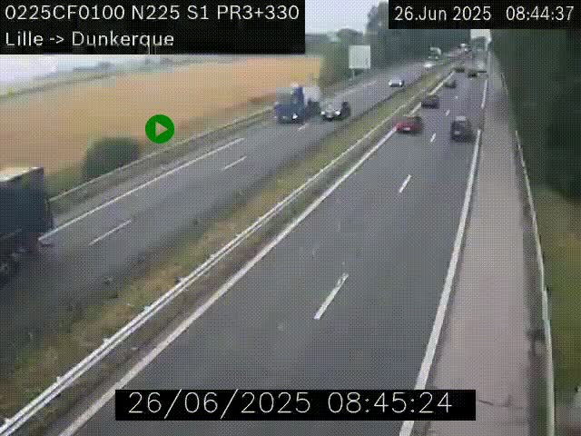 <h2>Webcam autoroute A25 (N225) à hauteur de Bergues (Bierne). Vue orientée vers Dunkerque.</h2>