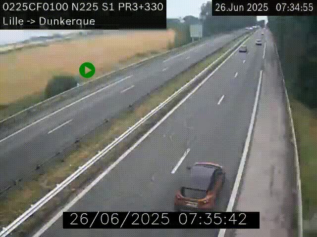 <h2>Webcam autoroute A25 (N225) à hauteur de Bergues (Bierne). Vue orientée vers Dunkerque.</h2>