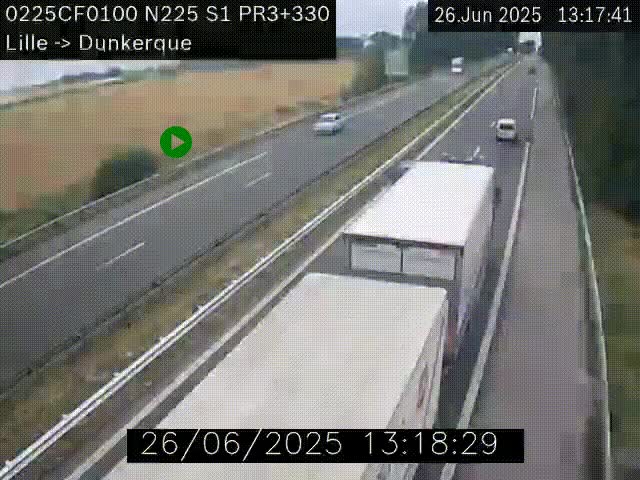 <h2>Webcam autoroute A25 (N225) à hauteur de Bergues (Bierne). Vue orientée vers Dunkerque.</h2>