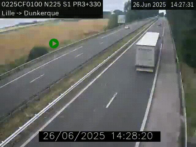 <h2>Webcam autoroute A25 (N225) à hauteur de Bergues (Bierne). Vue orientée vers Dunkerque.</h2>