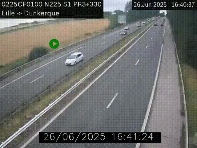 <h2>Webcam autoroute A25 (N225) à hauteur de Bergues (Bierne). Vue orientée vers Dunkerque.</h2>