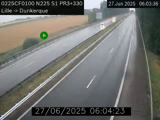 <h2>Webcam autoroute A25 (N225) à hauteur de Bergues (Bierne). Vue orientée vers Dunkerque.</h2>