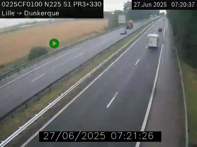 <h2>Webcam autoroute A25 (N225) à hauteur de Bergues (Bierne). Vue orientée vers Dunkerque.</h2>