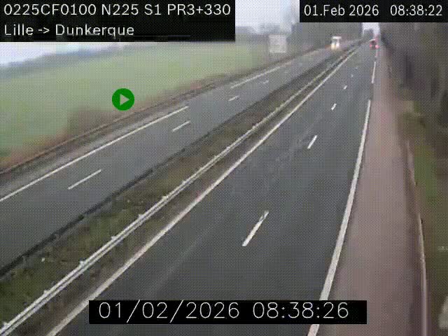 <h2>Webcam autoroute A25 (N225) à hauteur de Bergues (Bierne). Vue orientée vers Dunkerque.</h2>
