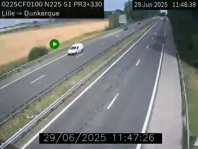 <h2>Webcam autoroute A25 (N225) à hauteur de Bergues (Bierne). Vue orientée vers Dunkerque.</h2>