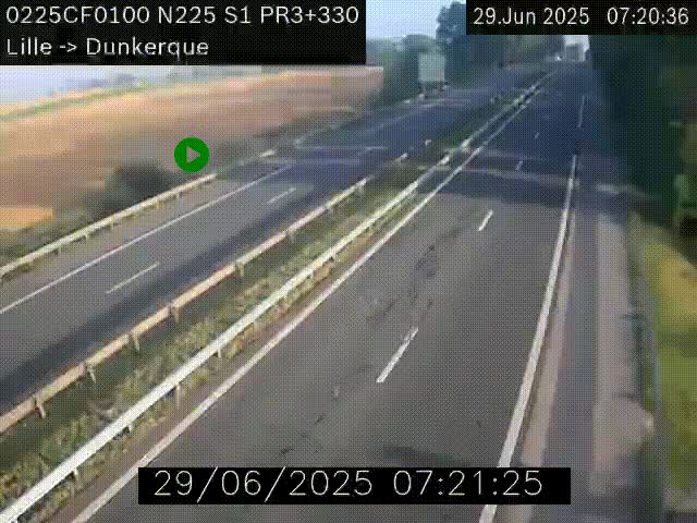 <h2>Webcam autoroute A25 (N225) à hauteur de Bergues (Bierne). Vue orientée vers Dunkerque.</h2>