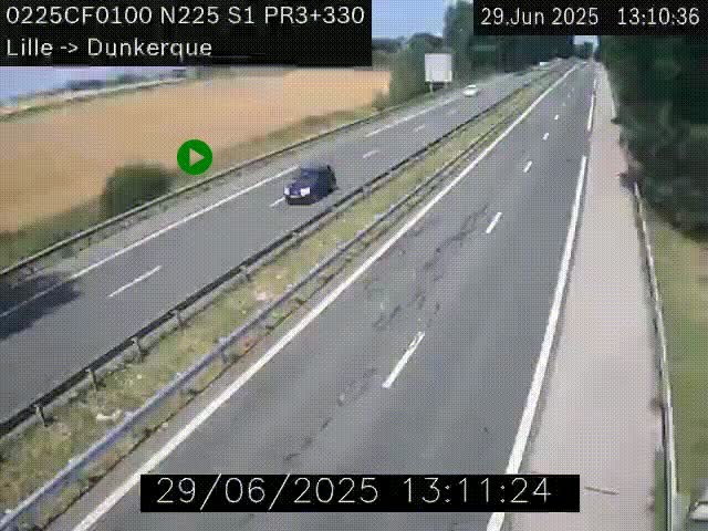 <h2>Webcam autoroute A25 (N225) à hauteur de Bergues (Bierne). Vue orientée vers Dunkerque.</h2>