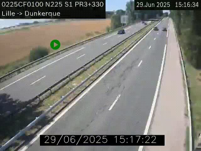<h2>Webcam autoroute A25 (N225) à hauteur de Bergues (Bierne). Vue orientée vers Dunkerque.</h2>