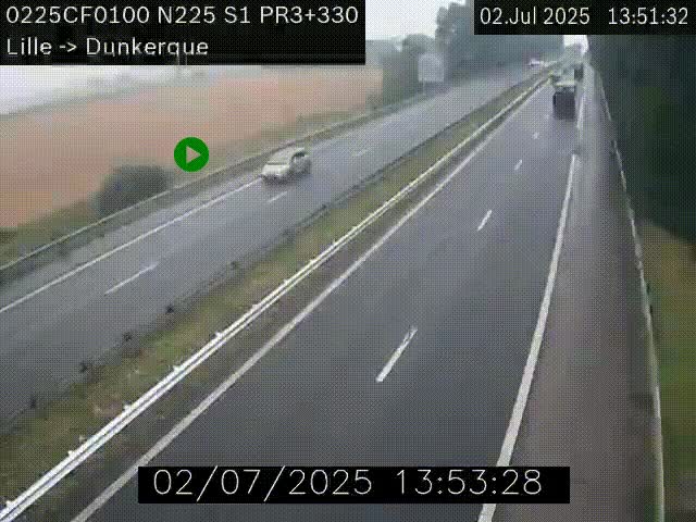 <h2>Webcam autoroute A25 (N225) à hauteur de Bergues (Bierne). Vue orientée vers Dunkerque.</h2>