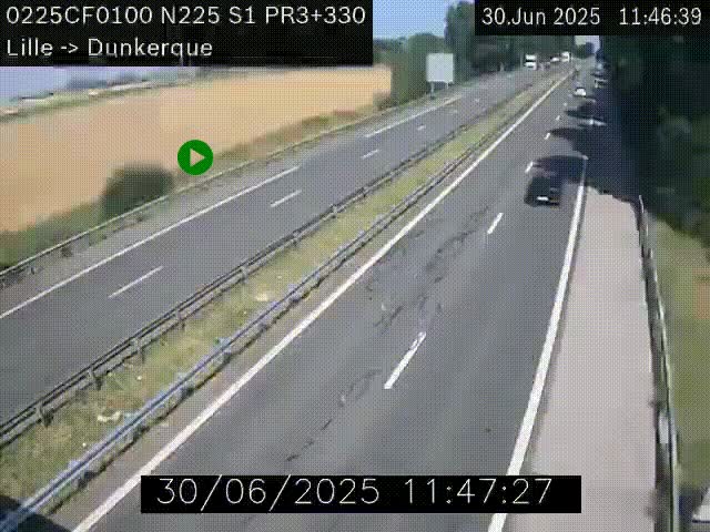 <h2>Webcam autoroute A25 (N225) à hauteur de Bergues (Bierne). Vue orientée vers Dunkerque.</h2>