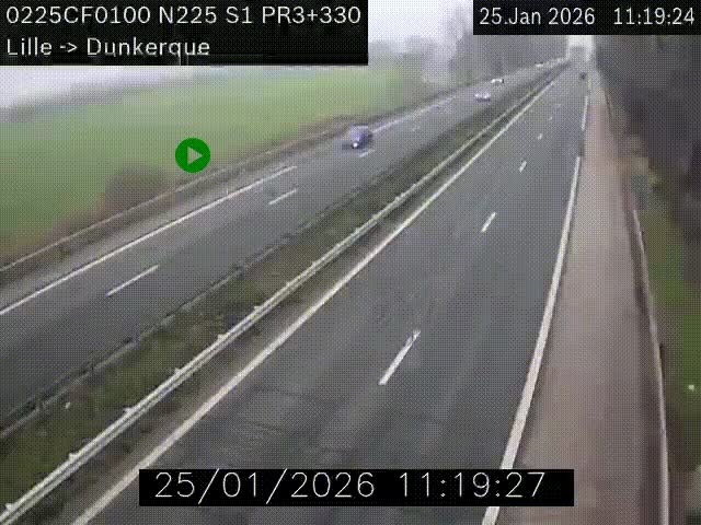 <h2>Webcam autoroute A25 (N225) à hauteur de Bergues (Bierne). Vue orientée vers Dunkerque.</h2>