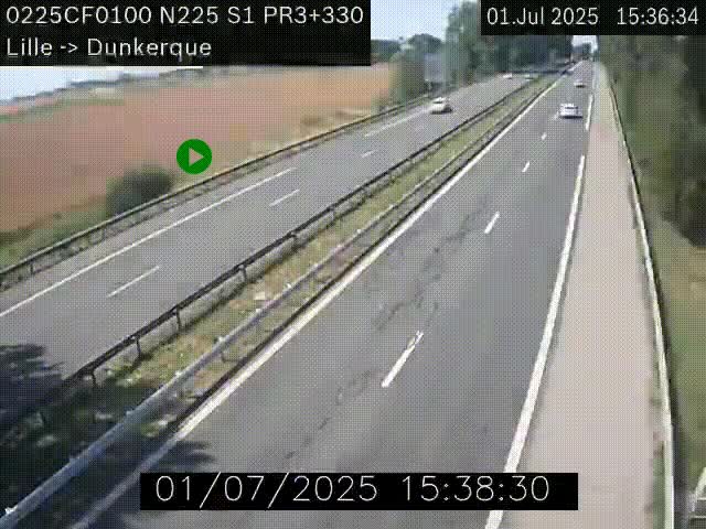 <h2>Webcam autoroute A25 (N225) à hauteur de Bergues (Bierne). Vue orientée vers Dunkerque.</h2>