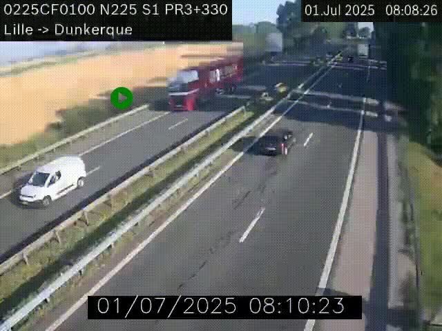 <h2>Webcam autoroute A25 (N225) à hauteur de Bergues (Bierne). Vue orientée vers Dunkerque.</h2>