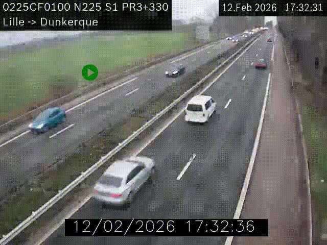 <h2>Webcam autoroute A25 (N225) à hauteur de Bergues (Bierne). Vue orientée vers Dunkerque.</h2>