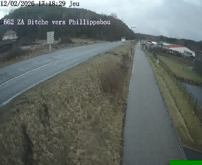 Caméra de trafic sur D662 (France) à Bitche, orientée vers Phillippsbourg, permettant d’évaluer fluidité, incidents et densité automobile.