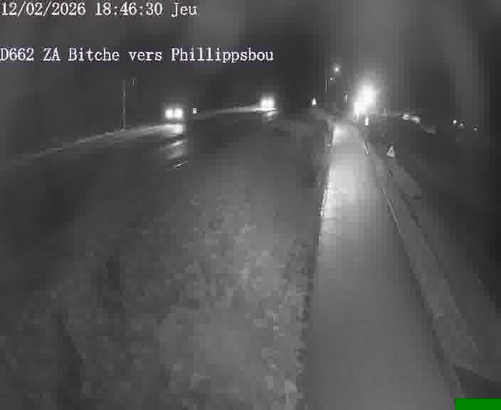 Caméra de trafic sur D662 (France) à Bitche, orientée vers Phillippsbourg, permettant d’évaluer fluidité, incidents et densité automobile.