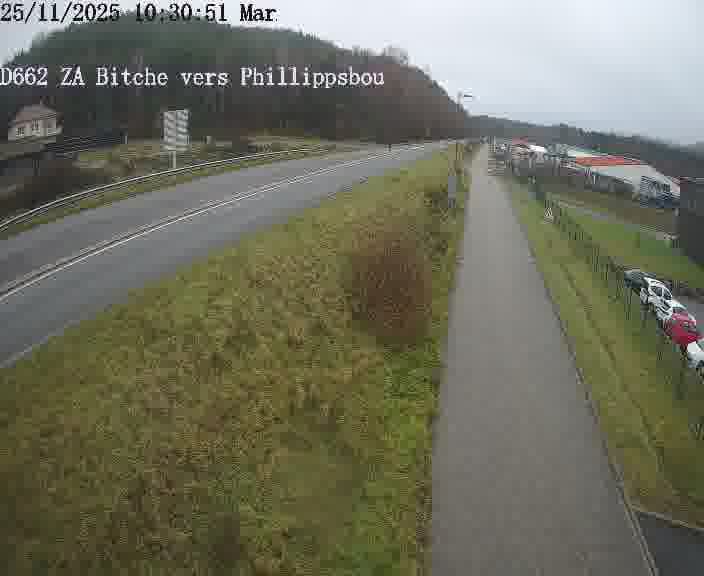 <h2>Caméra de trafic sur D662 (France) à Bitche, orientée vers Phillippsbourg, permettant d’évaluer fluidité, incidents et densité automobile.</h2>