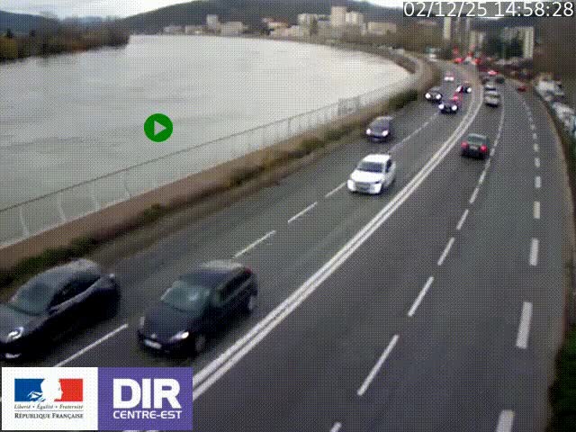Webcam sur le quai Parjot à Vienne, aux Portes de Lyon, sur la Nationale 7, à la jonction avec le boulevard du Rhône-nord (D1407), caméra orientée vers Lyon