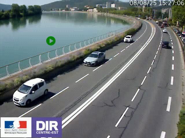 Webcam sur le quai Parjot à Vienne, aux Portes de Lyon, sur la Nationale 7, à la jonction avec le boulevard du Rhône-nord (D1407), caméra orientée vers Lyon
