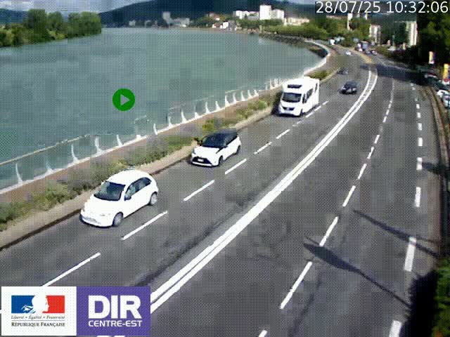 Webcam sur le quai Parjot à Vienne, aux Portes de Lyon, sur la Nationale 7, à la jonction avec le boulevard du Rhône-nord (D1407), caméra orientée vers Lyon
