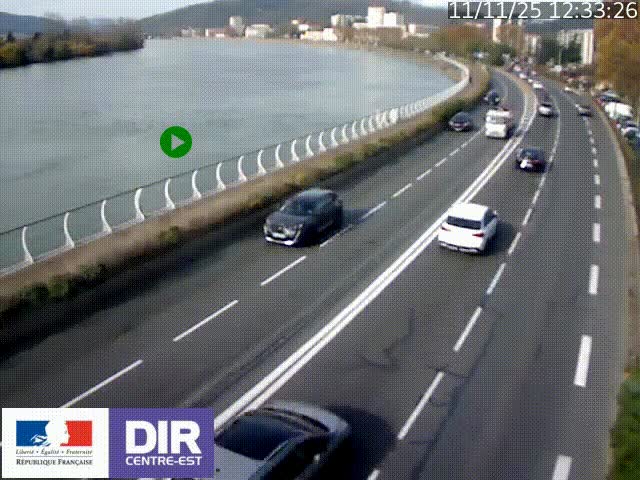 Webcam sur le quai Parjot à Vienne, aux Portes de Lyon, sur la Nationale 7, à la jonction avec le boulevard du Rhône-nord (D1407), caméra orientée vers Lyon