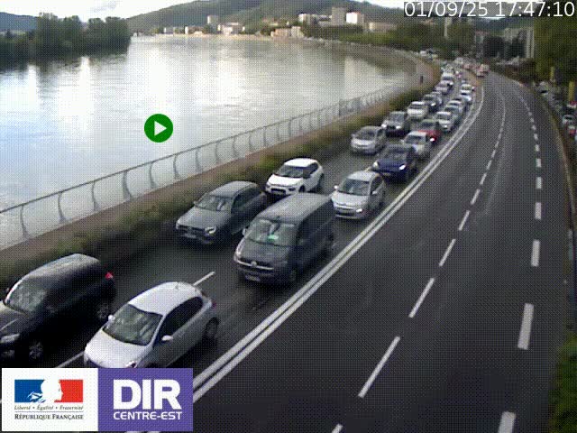 Webcam sur le quai Parjot à Vienne, aux Portes de Lyon, sur la Nationale 7, à la jonction avec le boulevard du Rhône-nord (D1407), caméra orientée vers Lyon