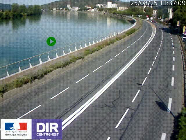 Webcam sur le quai Parjot à Vienne, aux Portes de Lyon, sur la Nationale 7, à la jonction avec le boulevard du Rhône-nord (D1407), caméra orientée vers Lyon