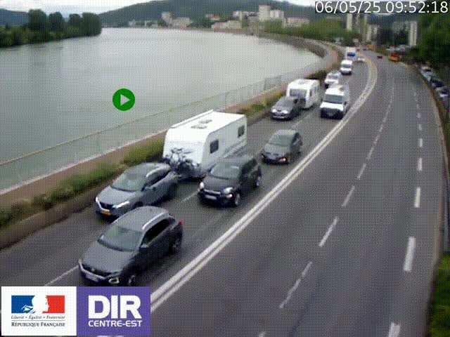 Webcam sur le quai Parjot à Vienne, aux Portes de Lyon, sur la Nationale 7, à la jonction avec le boulevard du Rhône-nord (D1407), caméra orientée vers Lyon