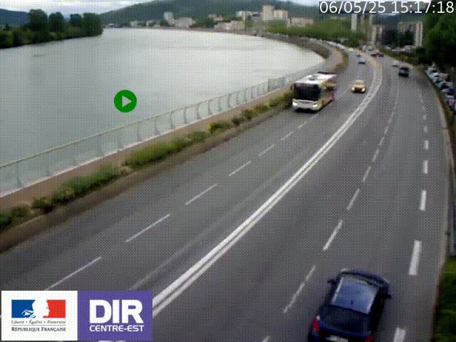 Webcam sur le quai Parjot à Vienne, aux Portes de Lyon, sur la Nationale 7, à la jonction avec le boulevard du Rhône-nord (D1407), caméra orientée vers Lyon