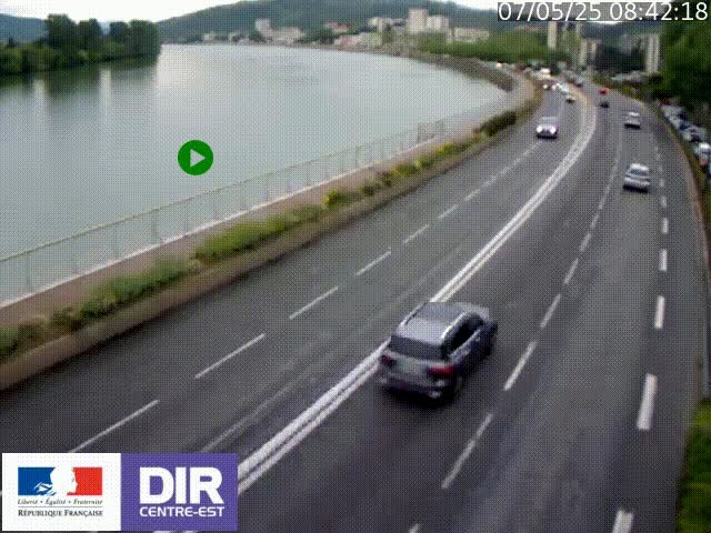 Webcam sur le quai Parjot à Vienne, aux Portes de Lyon, sur la Nationale 7, à la jonction avec le boulevard du Rhône-nord (D1407), caméra orientée vers Lyon