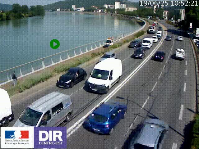 Webcam sur le quai Parjot à Vienne, aux Portes de Lyon, sur la Nationale 7, à la jonction avec le boulevard du Rhône-nord (D1407), caméra orientée vers Lyon