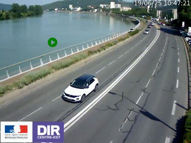 Webcam sur le quai Parjot à Vienne, aux Portes de Lyon, sur la Nationale 7, à la jonction avec le boulevard du Rhône-nord (D1407), caméra orientée vers Lyon