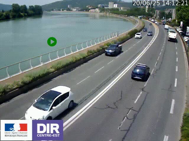 Webcam sur le quai Parjot à Vienne, aux Portes de Lyon, sur la Nationale 7, à la jonction avec le boulevard du Rhône-nord (D1407), caméra orientée vers Lyon