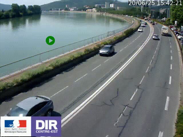 Webcam sur le quai Parjot à Vienne, aux Portes de Lyon, sur la Nationale 7, à la jonction avec le boulevard du Rhône-nord (D1407), caméra orientée vers Lyon