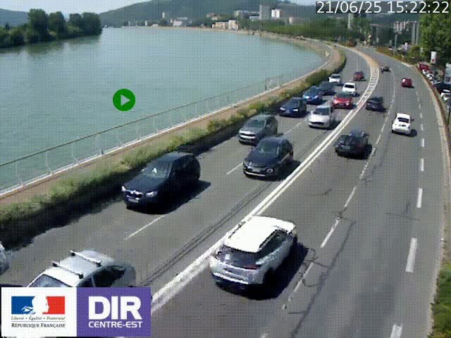 Webcam sur le quai Parjot à Vienne, aux Portes de Lyon, sur la Nationale 7, à la jonction avec le boulevard du Rhône-nord (D1407), caméra orientée vers Lyon
