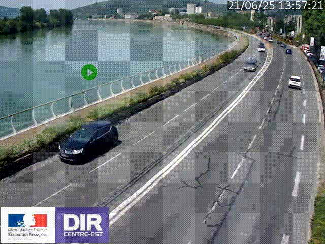 Webcam sur le quai Parjot à Vienne, aux Portes de Lyon, sur la Nationale 7, à la jonction avec le boulevard du Rhône-nord (D1407), caméra orientée vers Lyon