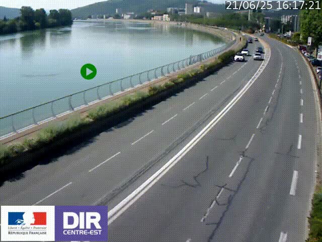Webcam sur le quai Parjot à Vienne, aux Portes de Lyon, sur la Nationale 7, à la jonction avec le boulevard du Rhône-nord (D1407), caméra orientée vers Lyon