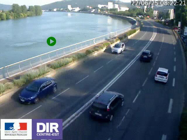 Webcam sur le quai Parjot à Vienne, aux Portes de Lyon, sur la Nationale 7, à la jonction avec le boulevard du Rhône-nord (D1407), caméra orientée vers Lyon