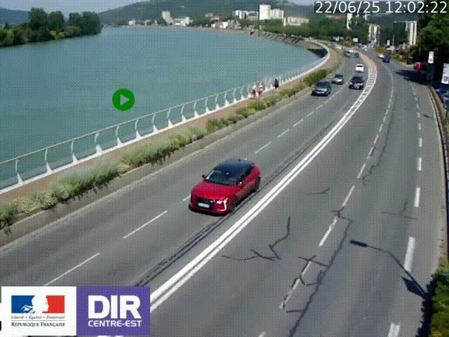 Webcam sur le quai Parjot à Vienne, aux Portes de Lyon, sur la Nationale 7, à la jonction avec le boulevard du Rhône-nord (D1407), caméra orientée vers Lyon