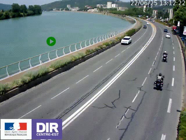 Webcam sur le quai Parjot à Vienne, aux Portes de Lyon, sur la Nationale 7, à la jonction avec le boulevard du Rhône-nord (D1407), caméra orientée vers Lyon